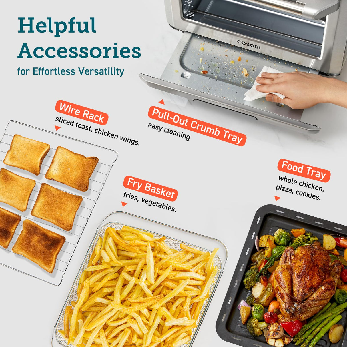 COSORI Smart 12-in-1 Air Fryer Toaster Oven Combo, Airfryer Convection Oven Countertop, Bake, Roast, Reheat, Broiler, Dehydrate, 75 Recipes & 3 Accessories, 26QT, Silver-Stainless Steel COSORI