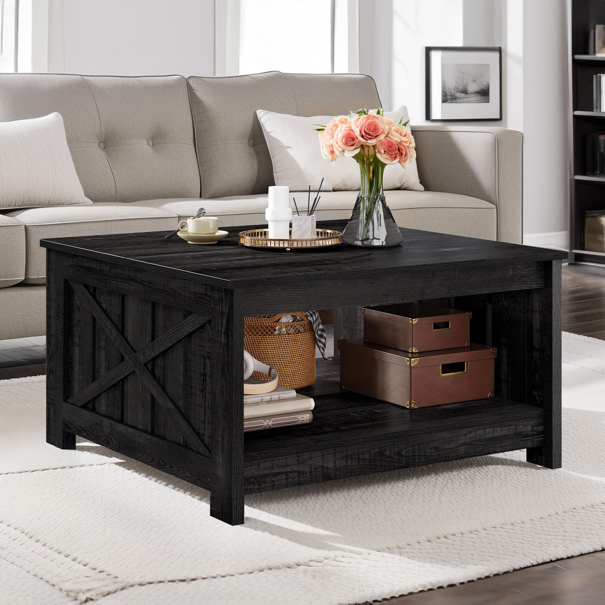 DWVO Square Coffee Table for Living Room, Farmhouse Coffee Table with Storage, 2-Tier Wood Coffee Tables Center Table with Half Open Storage Compartment, Black DWVO