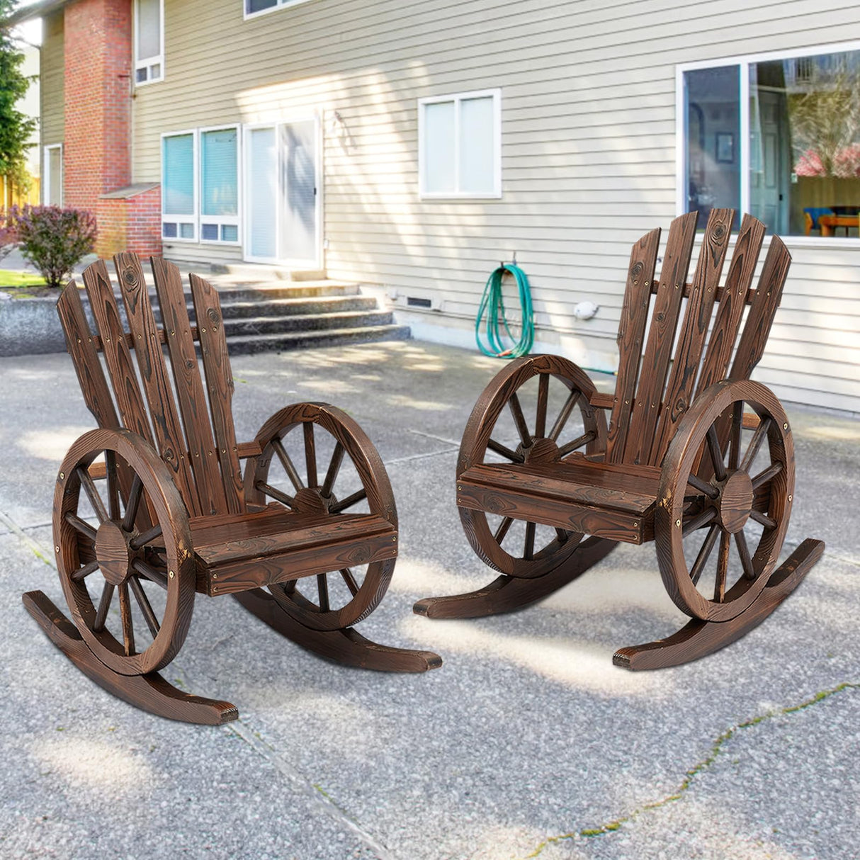 kinbor Rustic Outdoor Rocking Chairs Set of 2 - Rocker Chairs Wooden with Oversized Back and Wagon Wheel Armrest, Porch Patio Lawn Garden Furniture, Brown kinbor