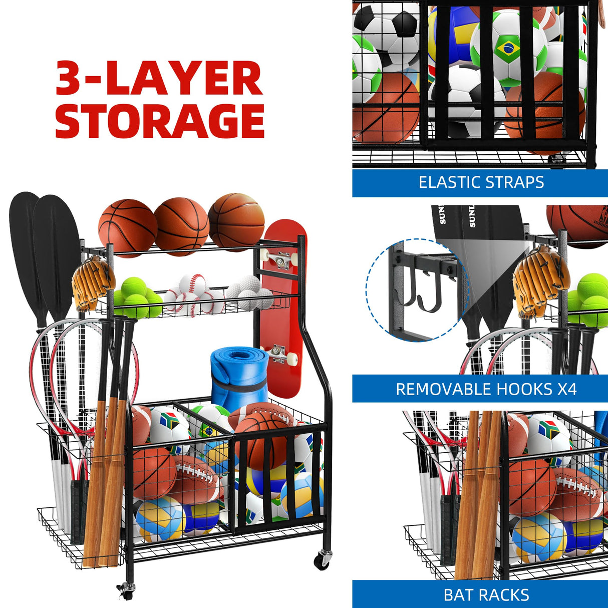 YOUNITA Garage Sports Equipment Organizer, Ball Storage Rack,Garage golf Organizer with Basket and Hooks,Rolling Sports Ball Storage Cart for Toy Gear Storage (45.71 inch) YOUNITA