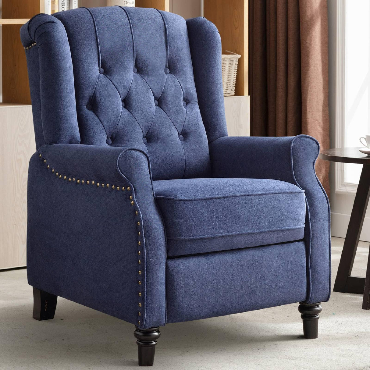 CANMOV Push Back Recliner Chair,Accent Chair, Mid Century Wingback Recliner, Fabric Push Back Recliner Chair Single Armchair Sofa with Rivet Decoration, Button-Tufted Back for Living Room,Dark Blue CANMOV