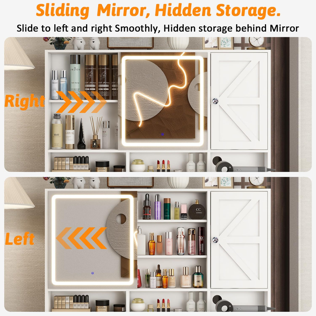 vomavex 45" Makeup Vanity Desk with Sliding Lighted Mirror & Power Outlet, Big Vanity with 5 Drawers, Storage Shelves, 3 Cubbies, 2 Cabinets for Women, Dressing Table for Bedroom, Bathroom, White vomavex