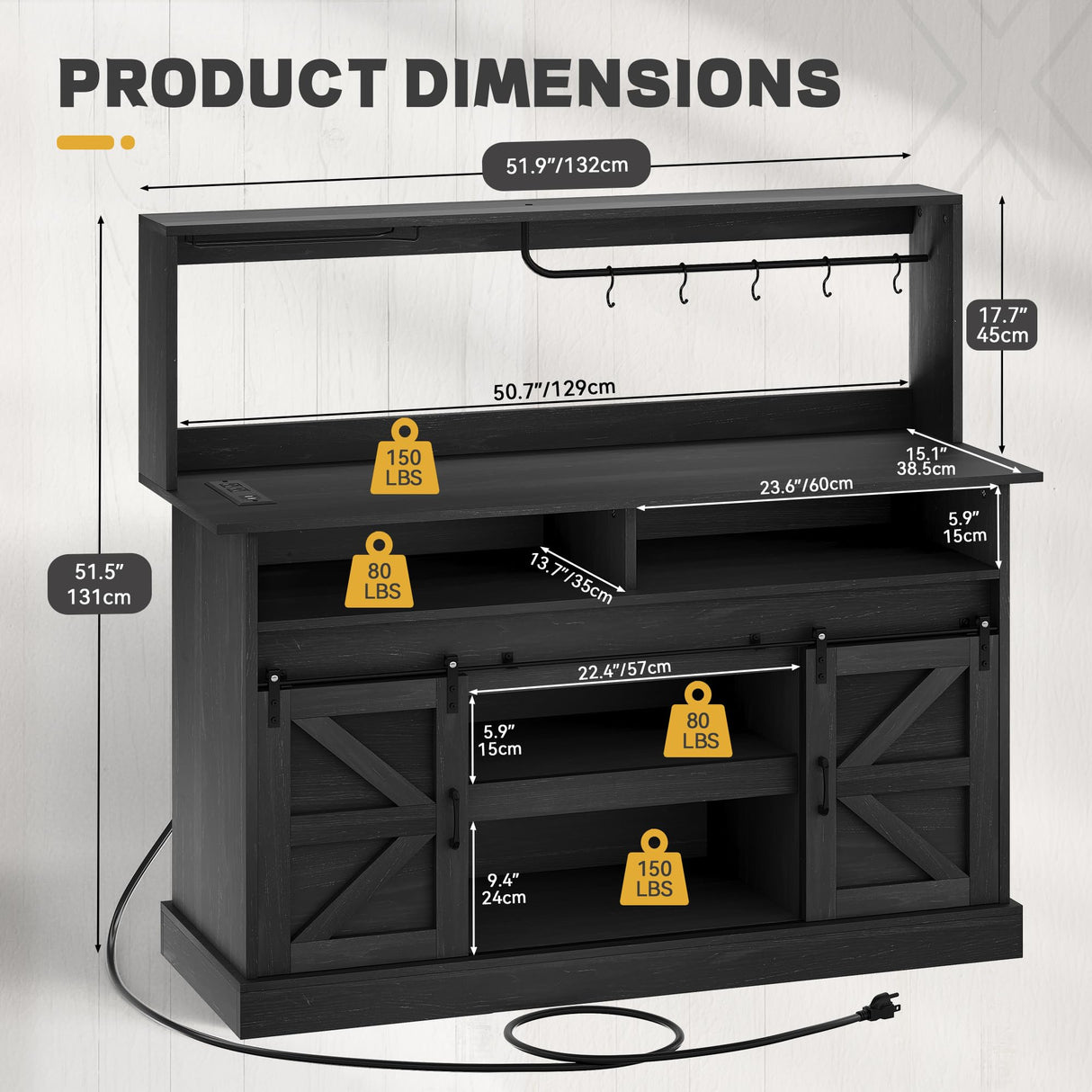 YITAHOME 52" Farmhouse Coffee Bar Cabinet with Storage, Buffet Cabinet with Goblet Holder, 5 Hooks, Power Outlets, Sideboard Cabinet with Sliding Barn Doors for Kitchen & Living Room (Black Oak) YITAHOME