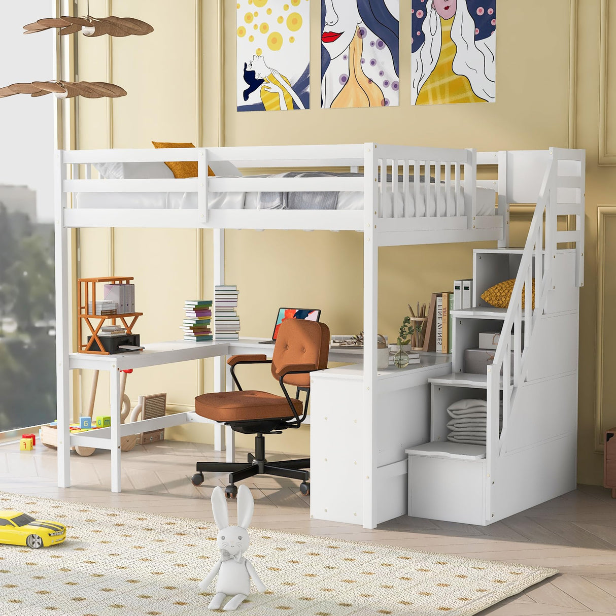 Harper & Bright Designs Multifunctional Full Size Loft Bed with Stairs and Desk in White Harper & Bright Designs