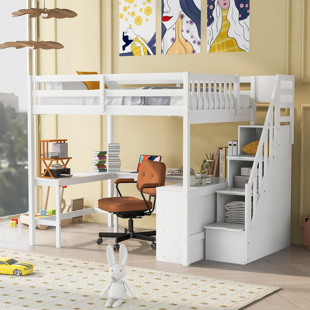 SOFTSEA White Full Loft Bed with L-Shaped Desk and Storage Stairs ...