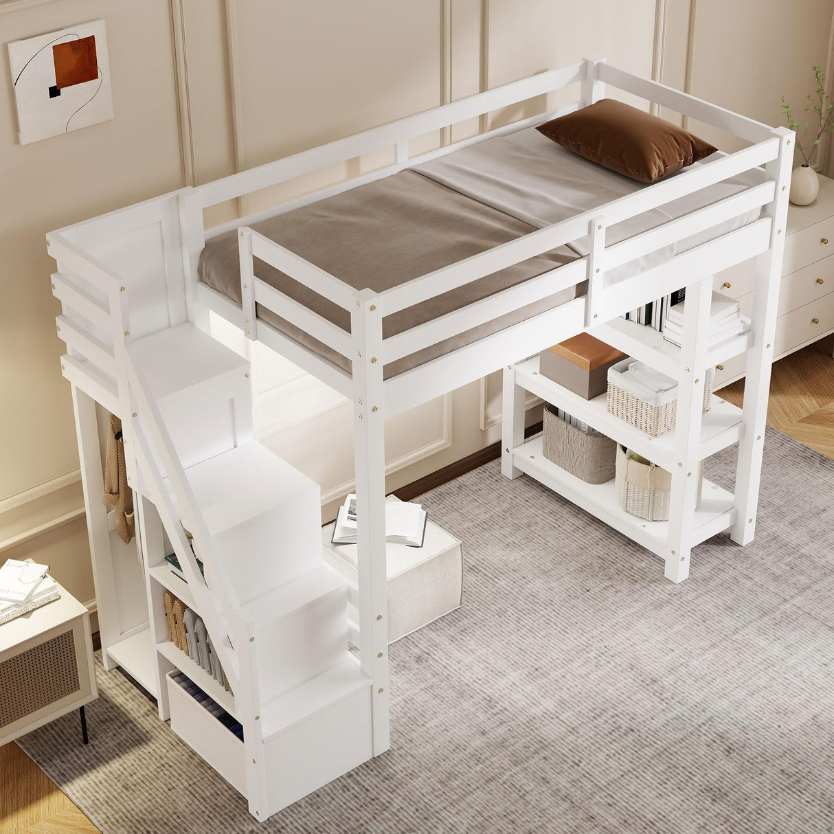 Harper & Bright Designs Twin Size Loft Bed with Stairs and LED Lights, Wood Twin Loft Bed with Storage Shelves and Wardrobe, Loft Bed Frame with Guardrails for Kids Girls Boys, White Harper & Bright Designs