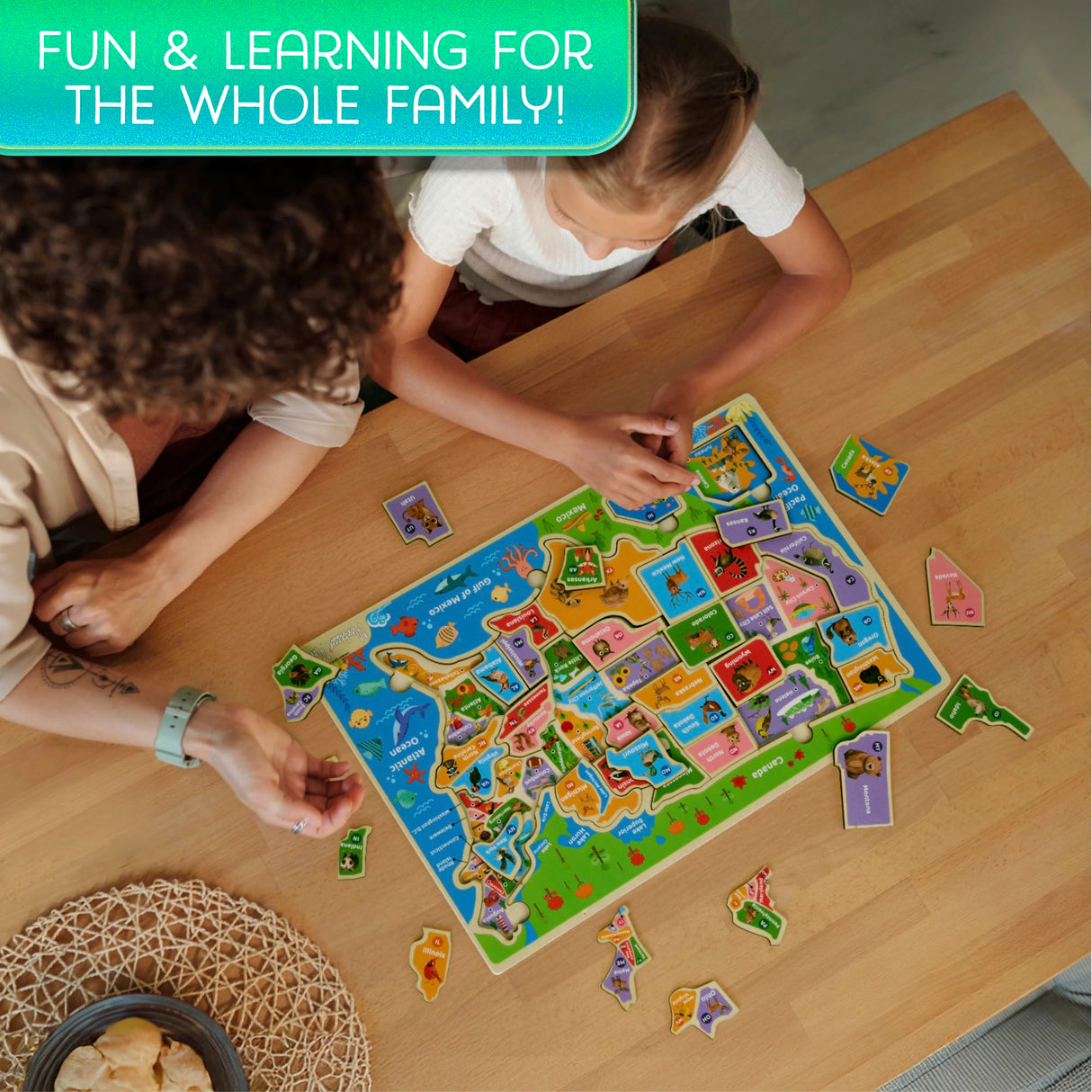 Montessori Mama Wooden USA Map Puzzle and World Continents and Oceans Map Puzzle (USA Map Puzzle) Montessori Mama