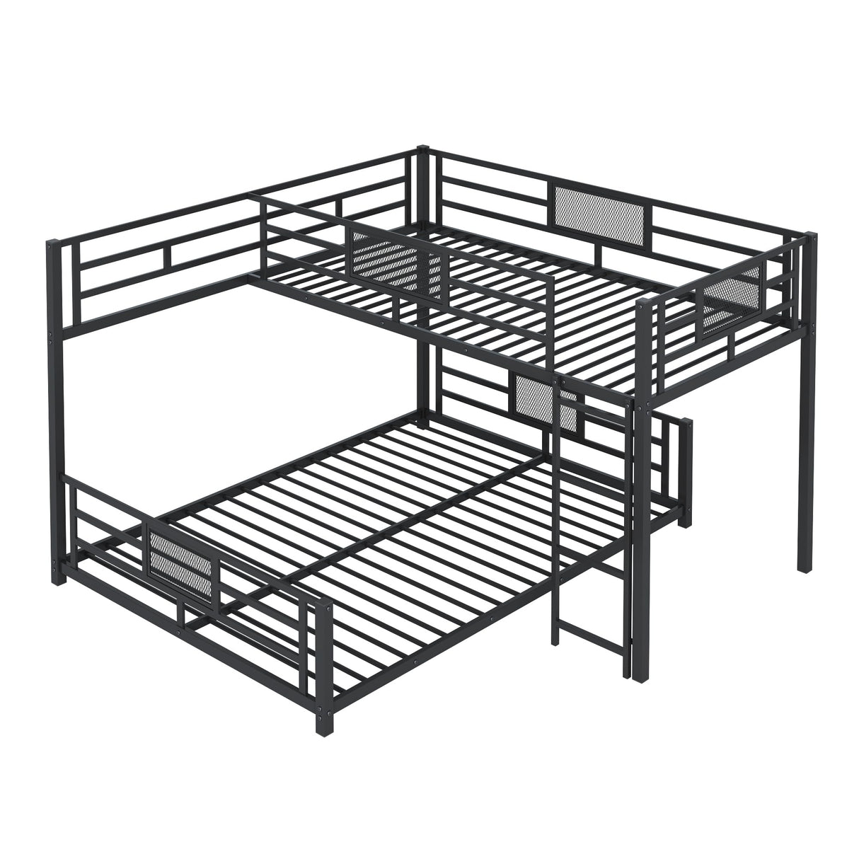 Heavy Duty Bunk Beds Twin Over Full Size, L-Shaped Bunk Bed with Full Length Guardrail and Ladder, No Box Spring Needed, Black Bunk Bed Twin Over Full Bellemave