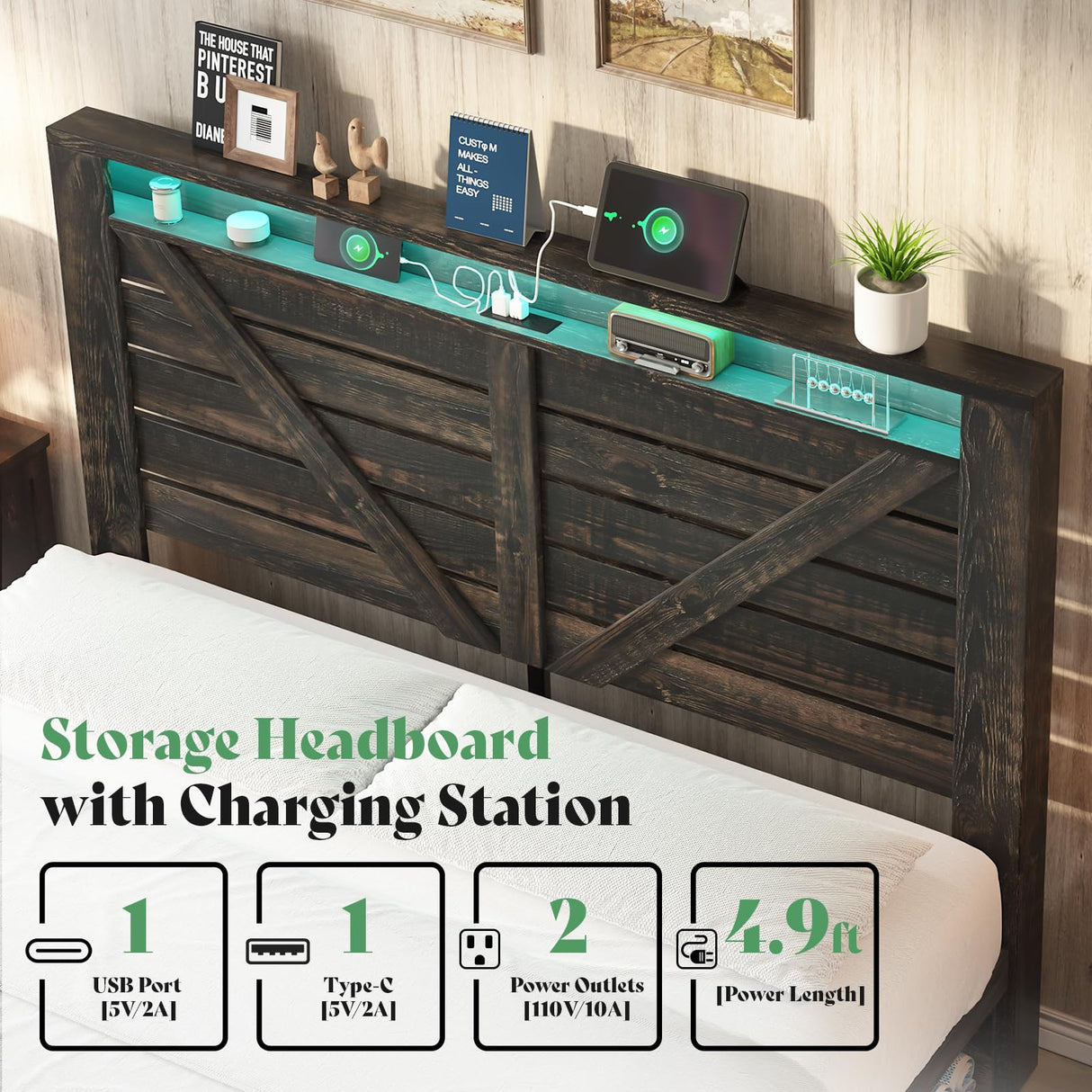 AMERLIFE Farmhouse Bed Frame with 4 Drawers & 4 Open Storage Space, Queen Size Storage Bed with LED Light & Charging Station, Wooden Slats, Noise Free, Rustic Black AMERLIFE