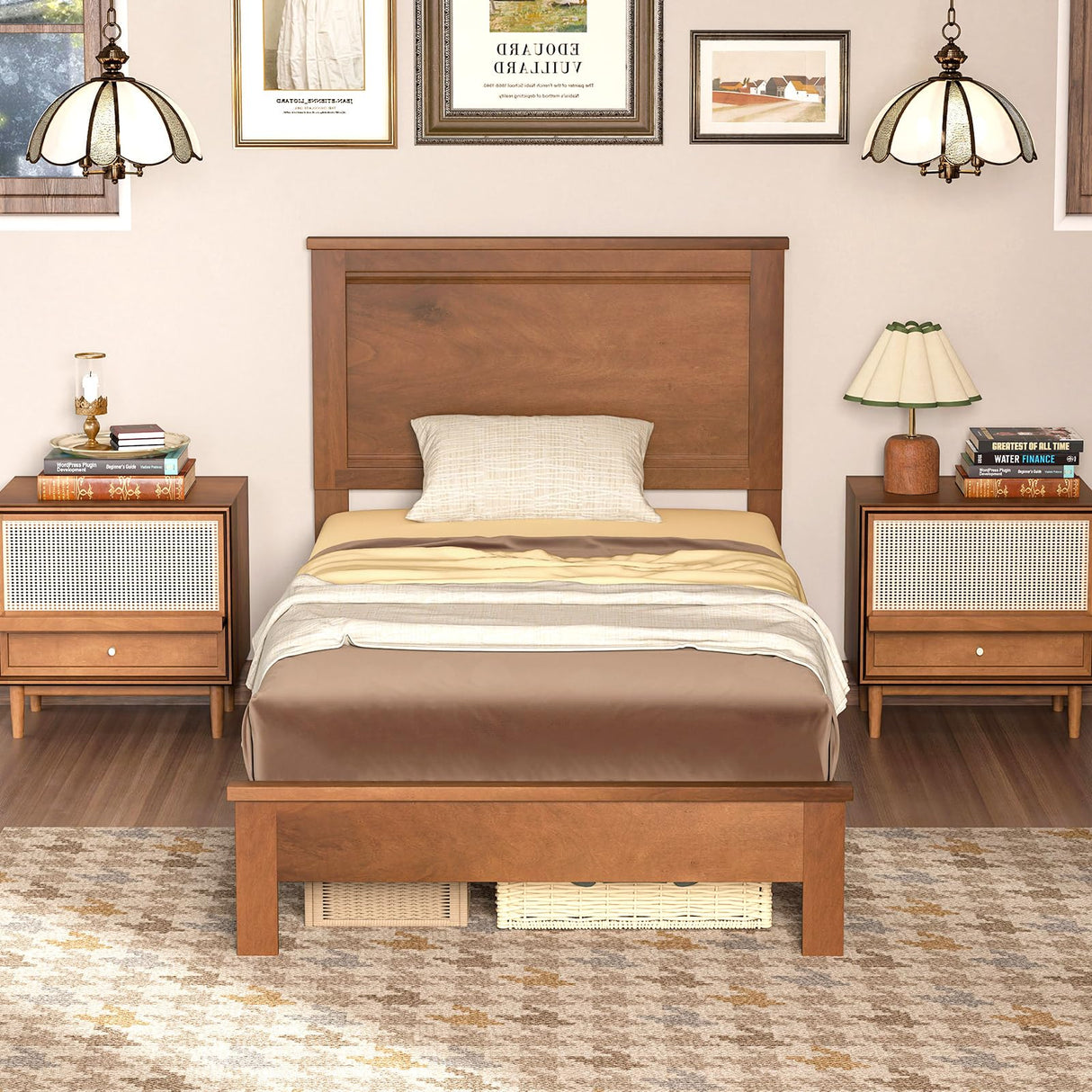 Giantex Wood Twin Bed Frames with Headboard, Mid Century Platform Bed Frame with Solid Wood Legs & Wooden Slat Support, Twin Bed Frames for Kids Adults, Walnut Bed Giantex