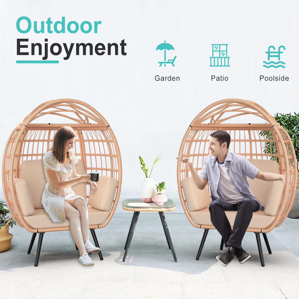 ZENPETIO Oversized Egg Chair, Indoor Outdoor Lounger with 4 UV Resistant Cushions, Storage Bag, All-Weather Wicker Egg Lounger Chair for Patio, Backyard, Living Room, 370lbs Capacity - Brown ZENPETIO