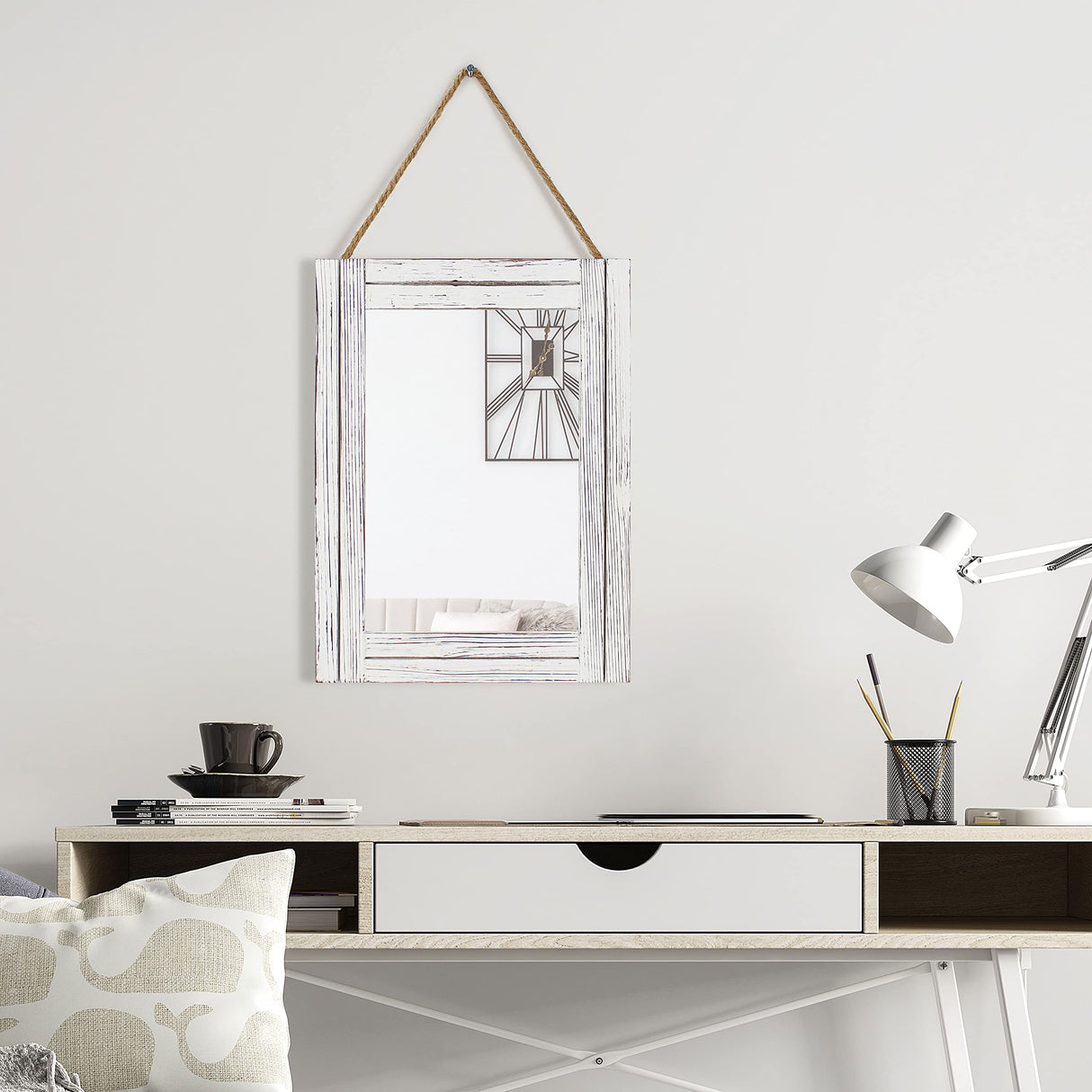 Emaison 16 X 12 Inch Rustic Wood Framed Wall Mirror with Hanging Rope for Farmhouse Decor, for Entryway, Bedroom, Bathroom, Dresser, Wash White EMAISON