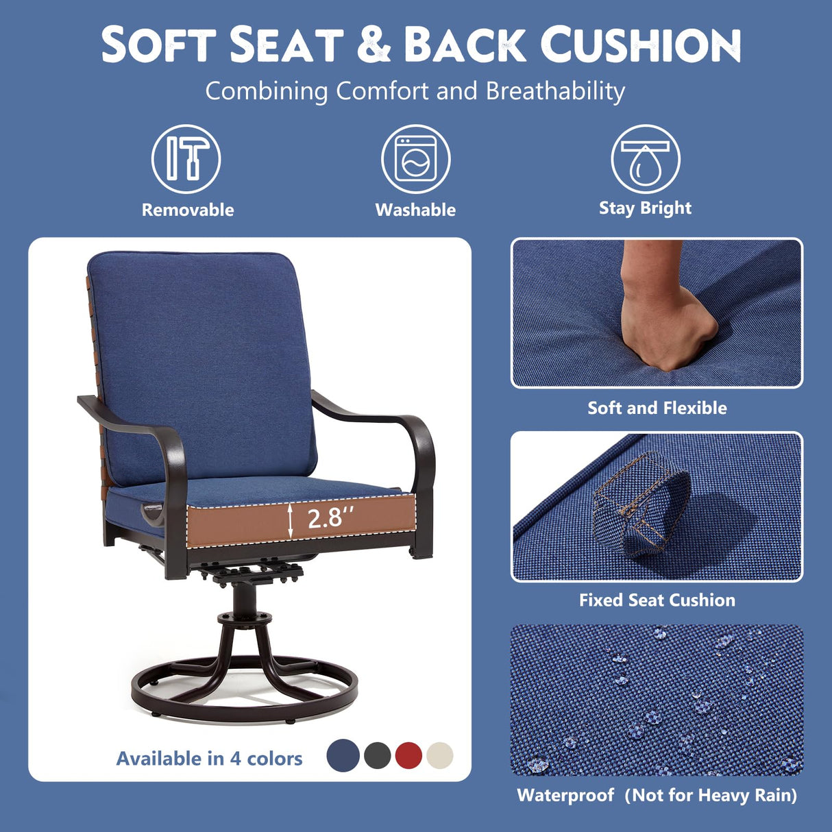 MELLCOM 5-Piece Outdoor Dining Set, 4 Swivel Leather-Look Chairs with Cushions & Square Dining Table with Umbrella Hole, Patio Furniture Set for Porch, Garden, Backyard, Poolside, Deck, Blue MELLCOM