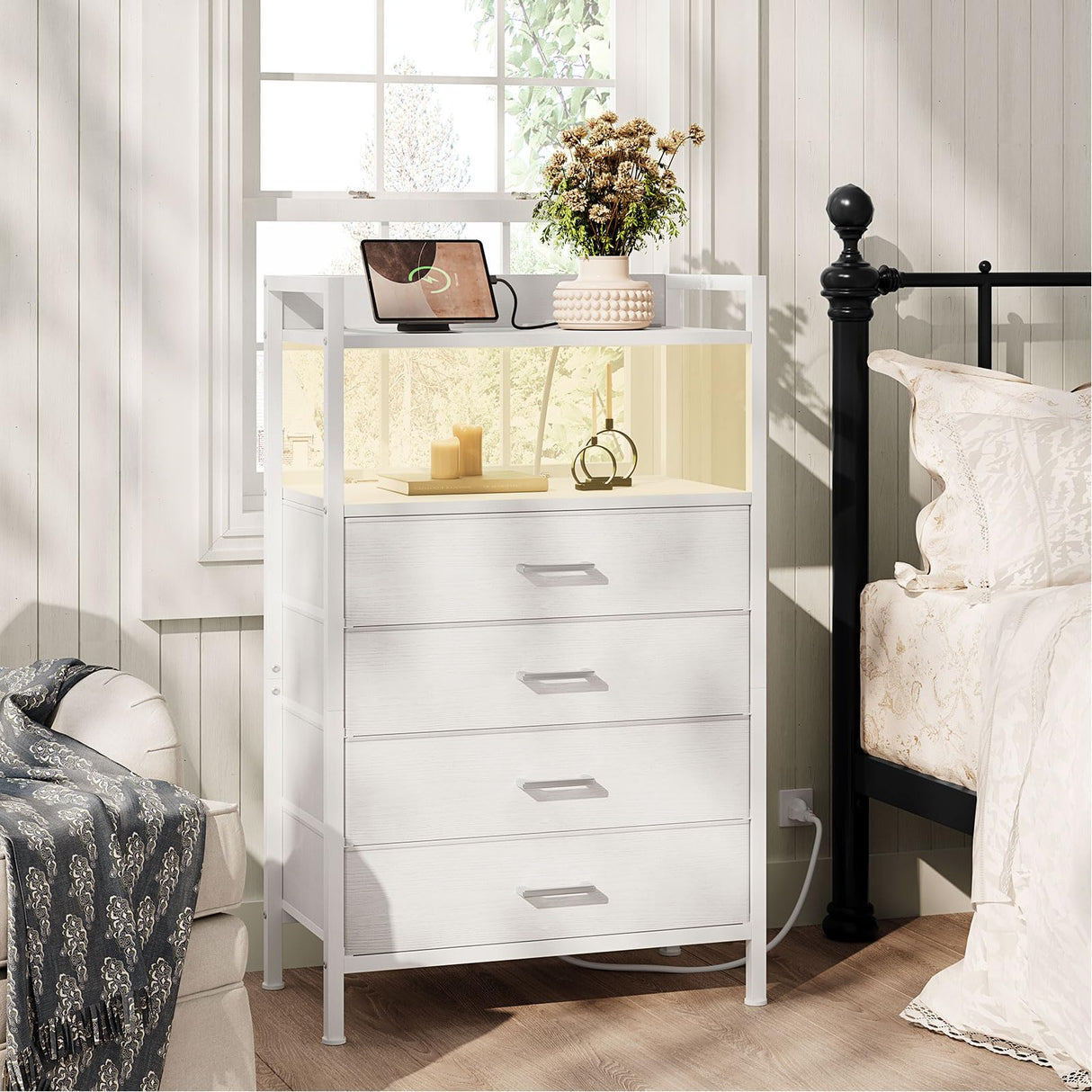 KAI-ROAD Tall Nightstand with Drawers White Night Stand with Charging Station and LED Light, 4 Drawer Dresser for Girls Bedroom Modern KAI-ROAD