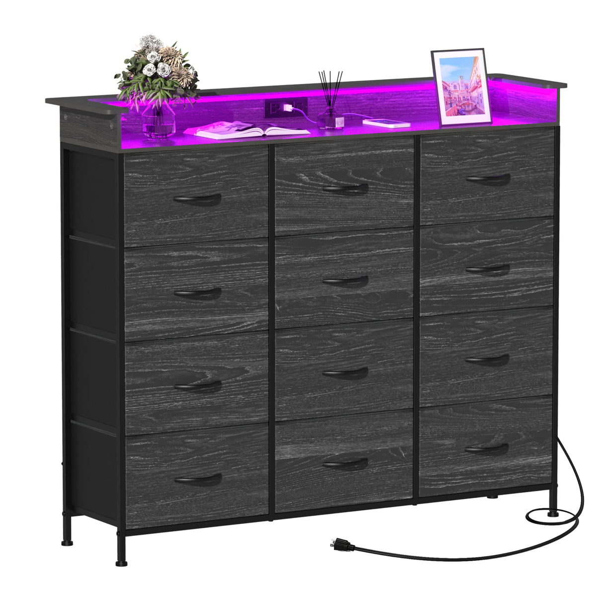 Welfuturer Black Dresser with LED Light 12 Drawers Dresser with Charging Station Dresser for Bedroom with 12 Fabric Drawers for Bedroom Hallway Entryway Closets Sturdy Steel Frame Wood Top Black Welfuturer