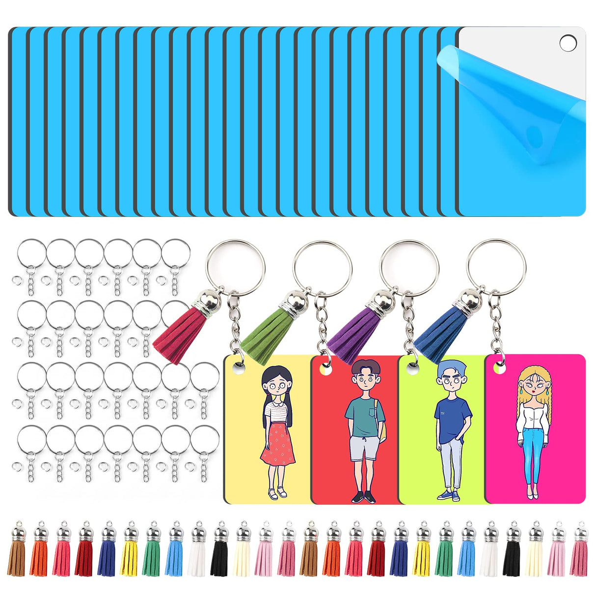 HTVRONT Sublimation Keychain Blanks Bulk - 120Pcs Sublimation Blanks Keychain with Blue Protective Film - MDF Rectangle Keychain with Tassels - Heat Transfer Keychain Blanks Double Sided HTVRONT