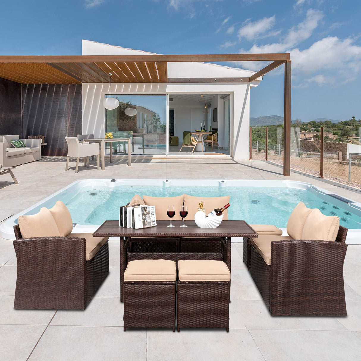 VINGLI Patio Furniture Set, 8 Pieces Outdoor Furniture with Dining Table&Chair, All Weather Wicker Outdoor Sectional Sofa with Ottoman VINGLI