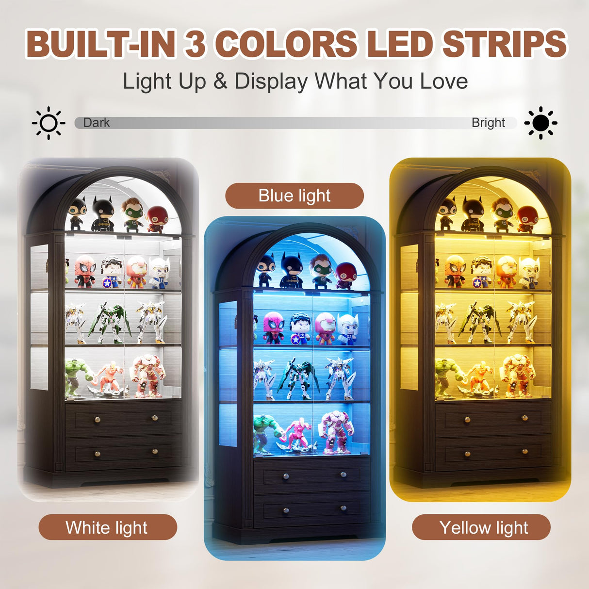 PAKASEPT 73'' Tall Arched Display Cabinet with Glass Doors,4-Tier Curio Cabinet with LED Lights for Collectibles Bookcase,Farmhouse Bookshelf China Storage Kitchen Pantry for Living Room,Black PAKASEPT