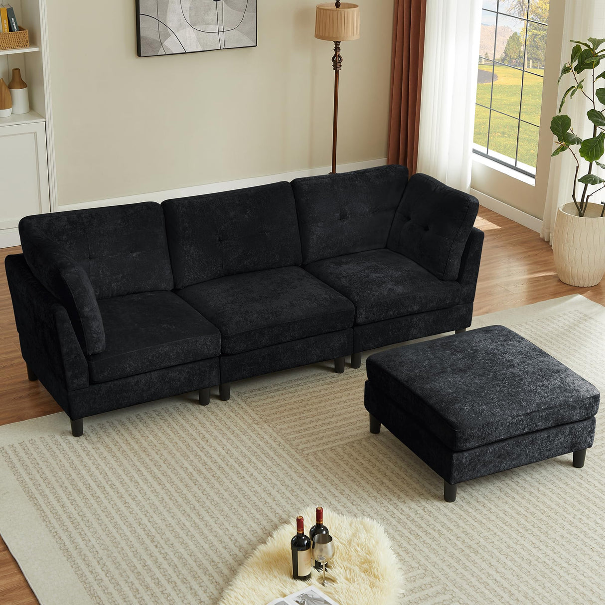 Portaforta 100" Oversized Sectional Couches for Living Room, Modular Sectional Sofa Couch, Modern Linen L Shaped Couch, 4 Seater Convertible Sofa for Living Room Apartment Office, Black Portaforta