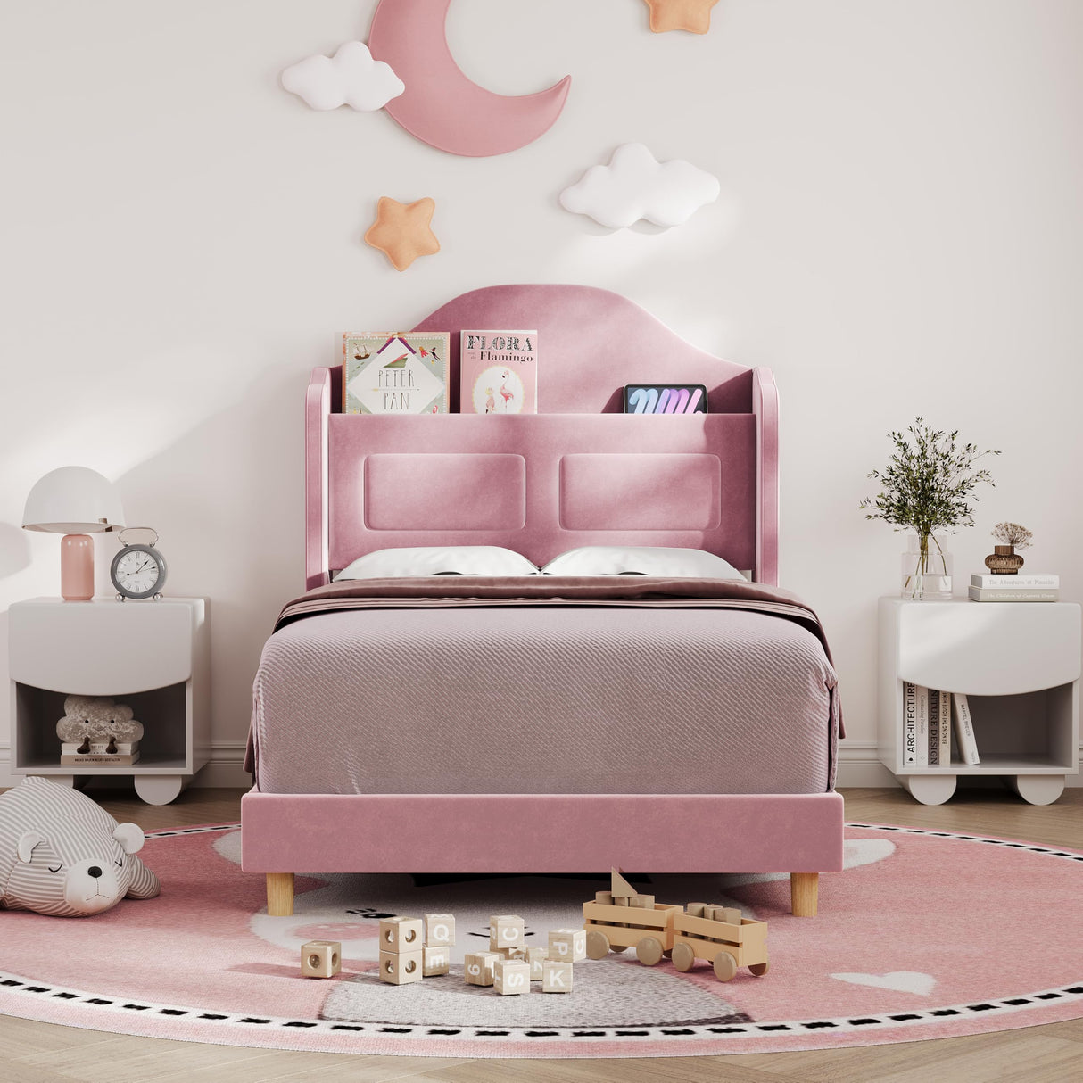 GarveeHome Upholstered Twin Bed Frame with LED Lights, Velvet Platform Bed Frame with Wing Back Storage Headboard, Wood Slats Support, No Box Spring Needed, Easy Assembly, Pink GarveeHome