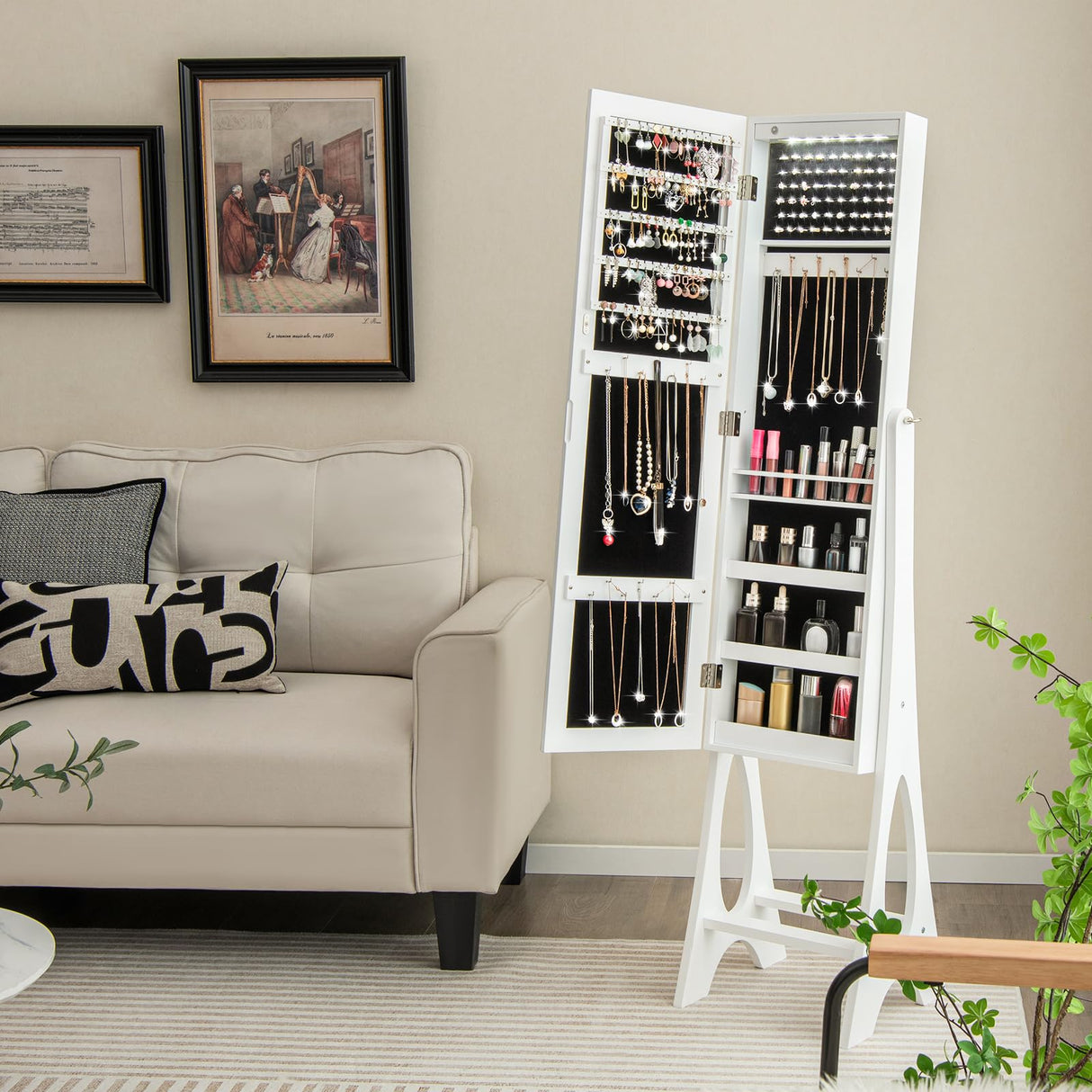 Giantex 12 LED Jewelry Armoire Cabinet with Frameless Full-length Mirror, Standing Jewelry Cabinet Organizer with 16 Lipstick Holders, Large Storage Capacity, 3 Angles Adjustable (White) Giantex