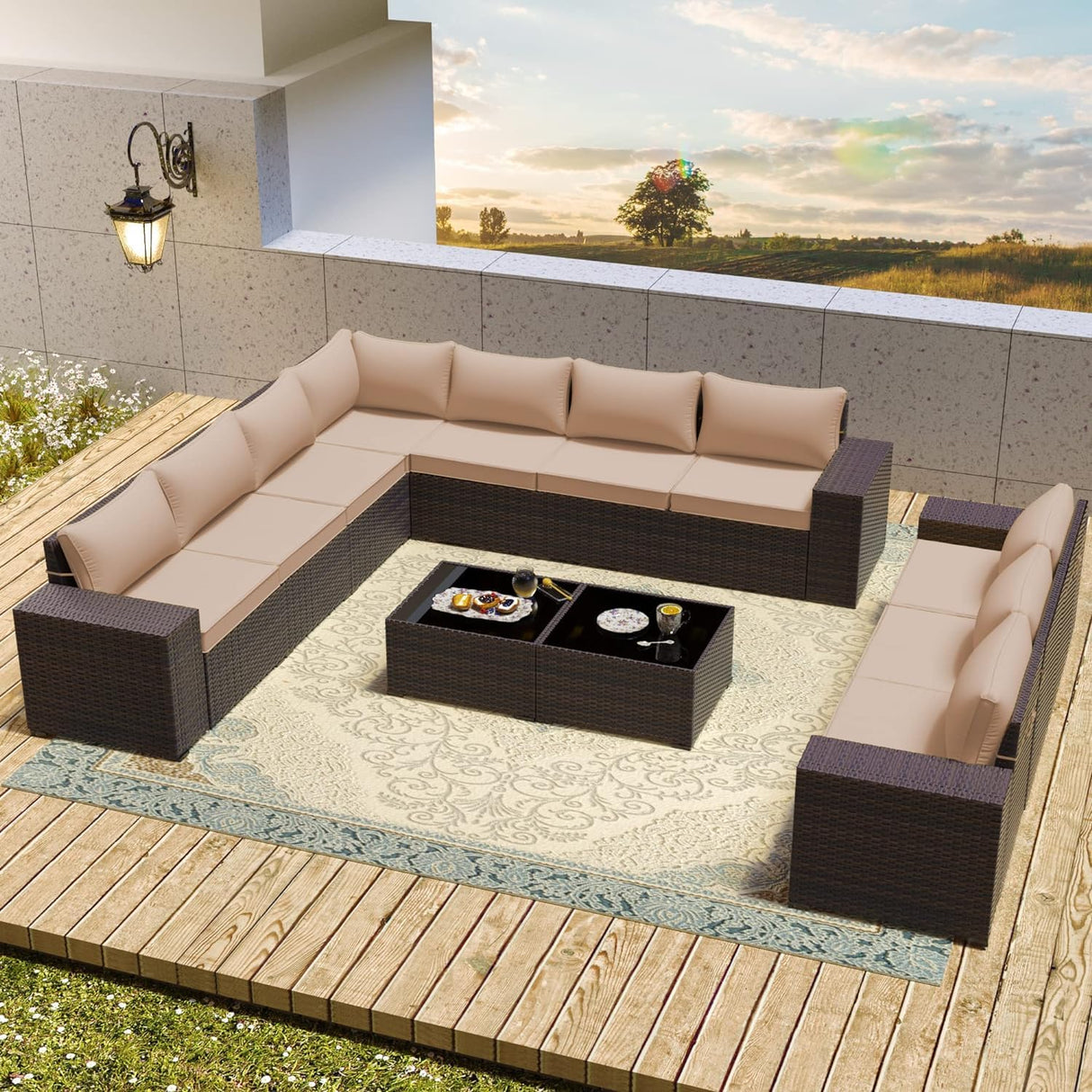RTDTD Outdoor Patio Furniture Set, 12 Pieces Outdoor Furniture All Weather Patio Sectional Sofa PE Wicker Modular Conversation Sets with Coffee Table,10 Chairs & Seat ClipsBrown. RTDTD