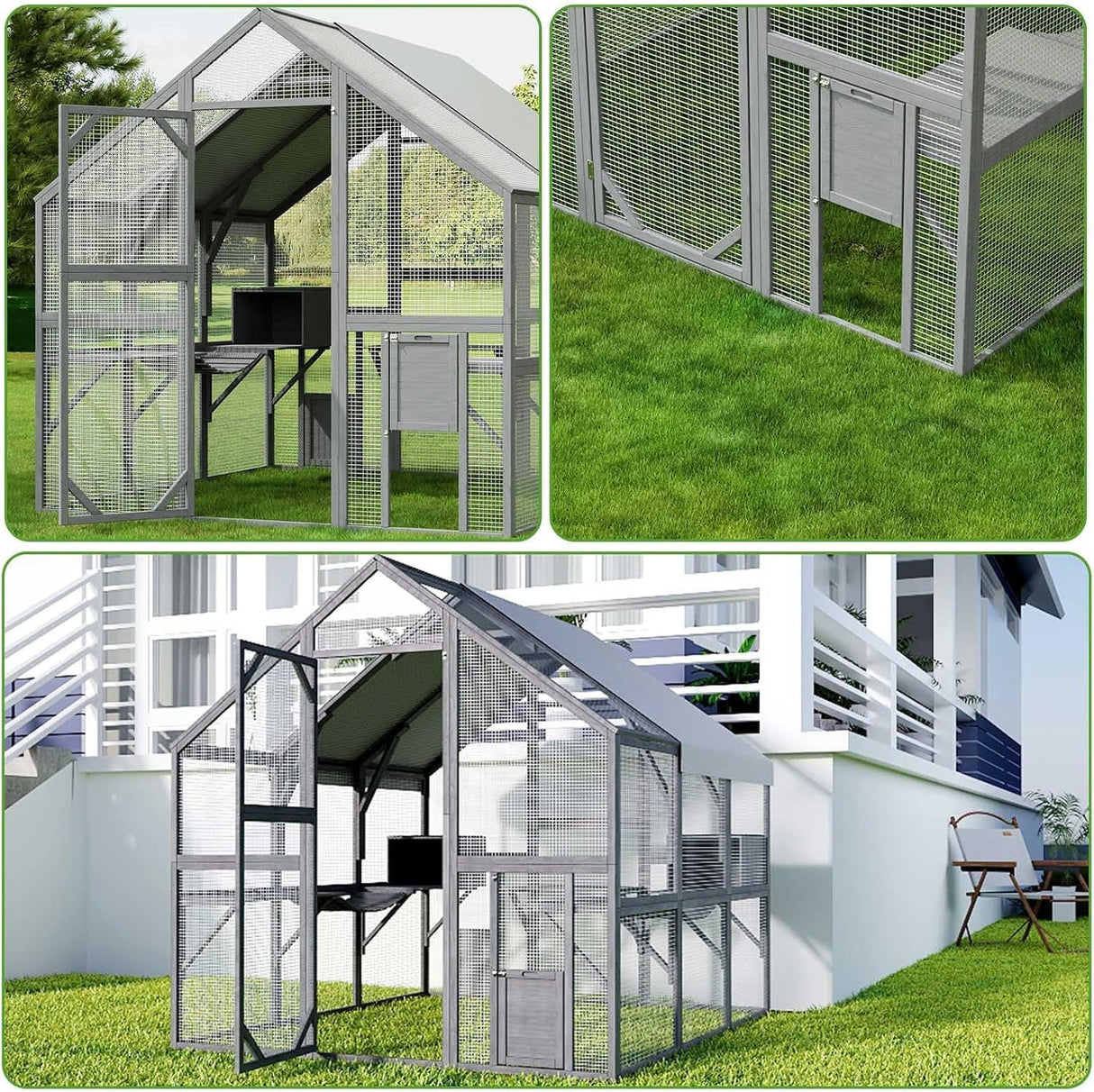 Lovinouse 43ft² Large Outdoor Cat House Catio, Luxury Wooden Cat Run Enclosure Walk in Kitten Condo with 2 Doors, 2 Playpen & Hiding Houses, Bridges, Walks, Roof Cover,Grey Lovinouse