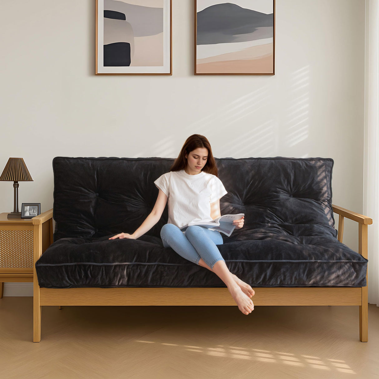 MAXYOYO 6" Futon Mattress Full Size, Velvet Thick Futons Sofa Couch Bed, Versatile Floor Mattress for Adults, Shredded Foam Filling (Frame Not Included), Black MAXYOYO