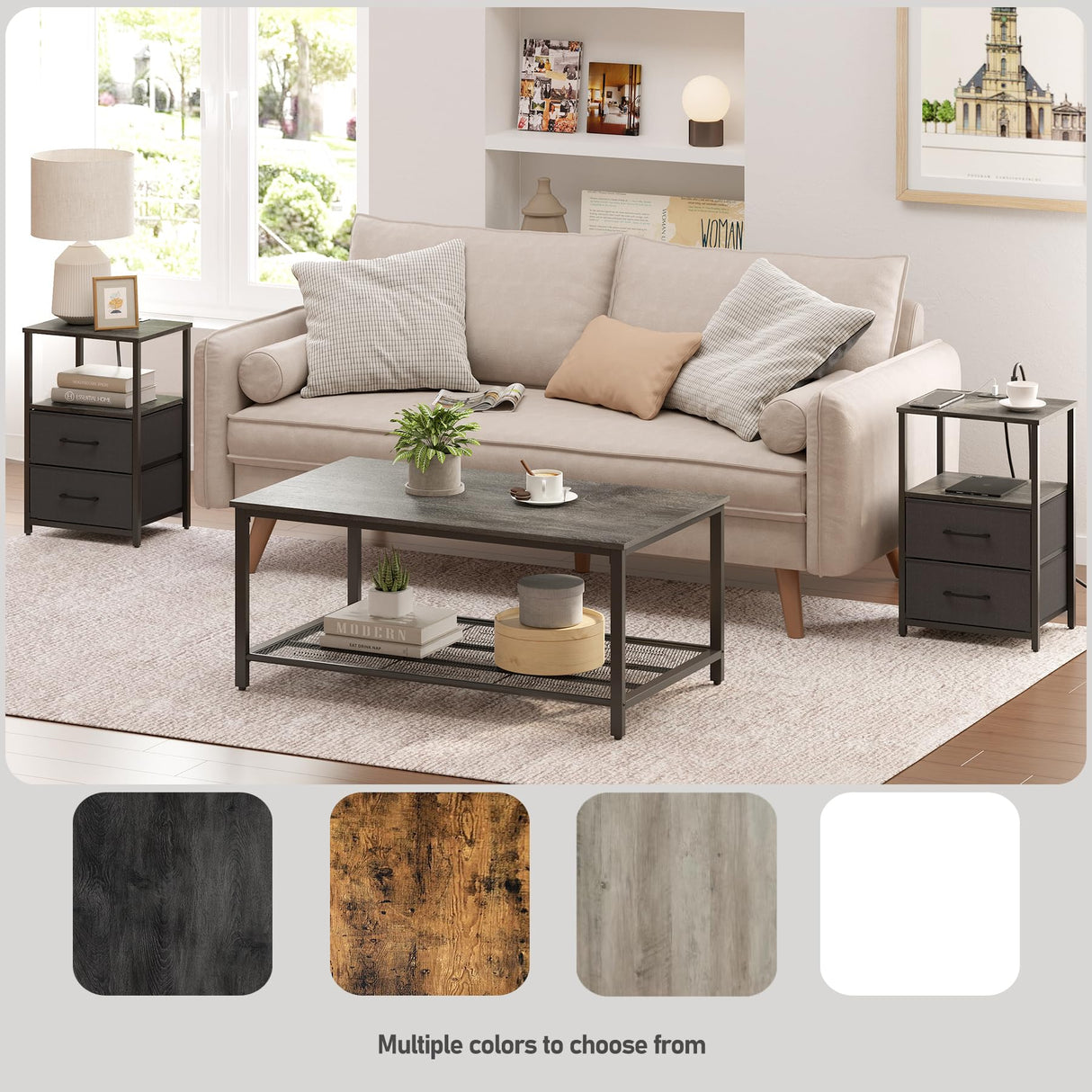 TUTOTAK LED End Table with Charging Station, Nightstand with Cloth Drawer, Side Table with 1 USB Port and 1 Type-C port, set of 2, Couch Table, Charcoal Grey TB01BY052L TUTOTAK