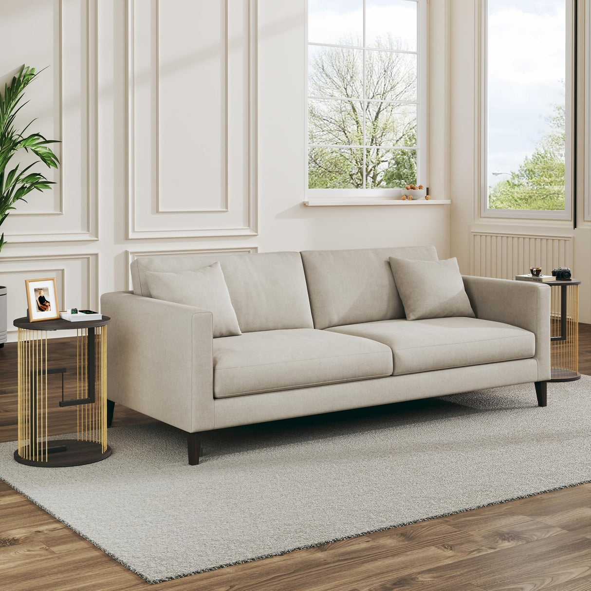 Side Table, Round End Table for Living Room, Bedroom, Black LED Nightstand Set of 2 with Twine Rope Design, Mid Century Modern Wood Accent Coffee Table, Antique Nightstand HUAHUU