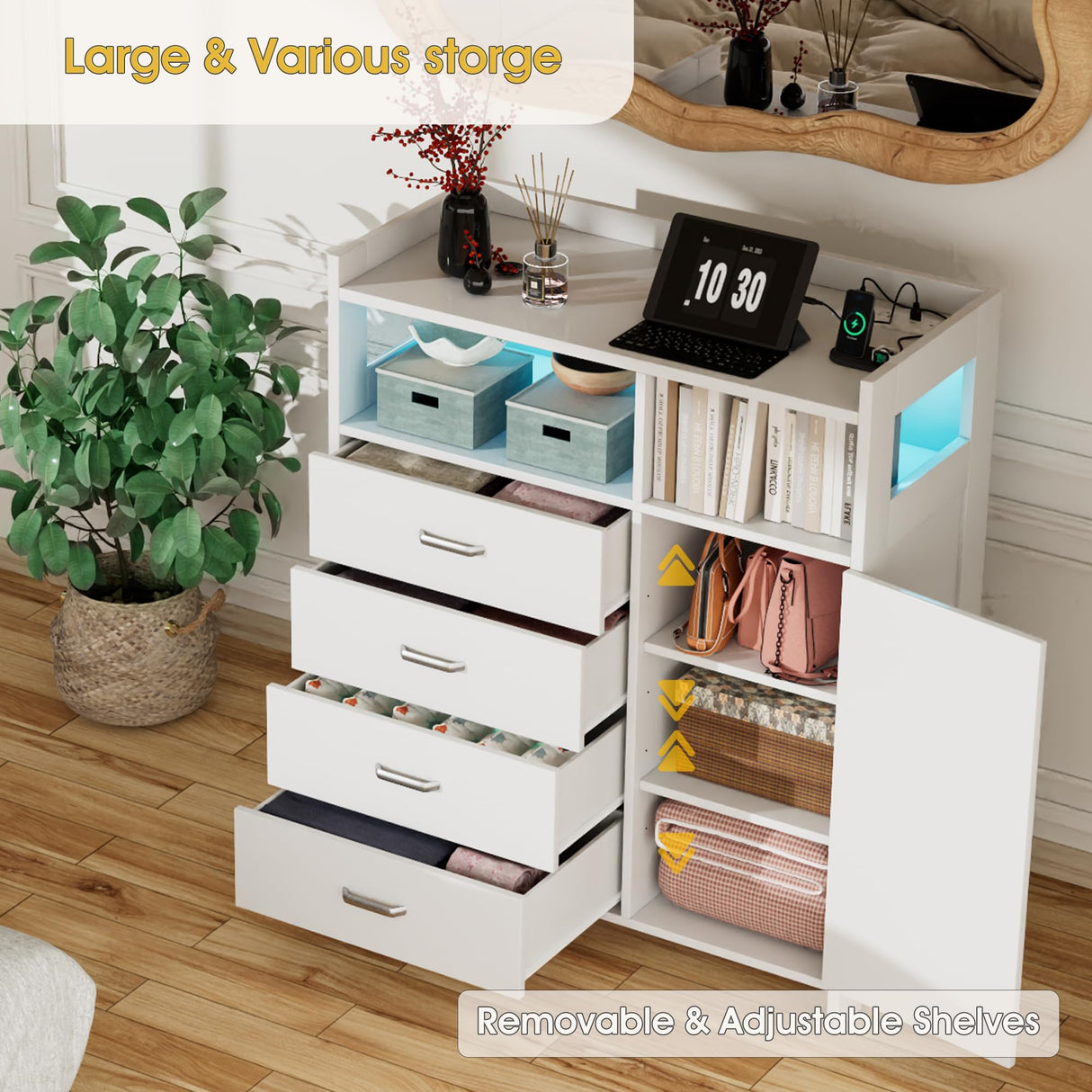 Whalefall 4-Drawer Tall Dresser with Charging Station & LED Lights - Modern Wood Chest of Drawers for Bedroom, Living Room, Hallway, or Entryway, Sturdy Storage Furniture (White) Whalefall