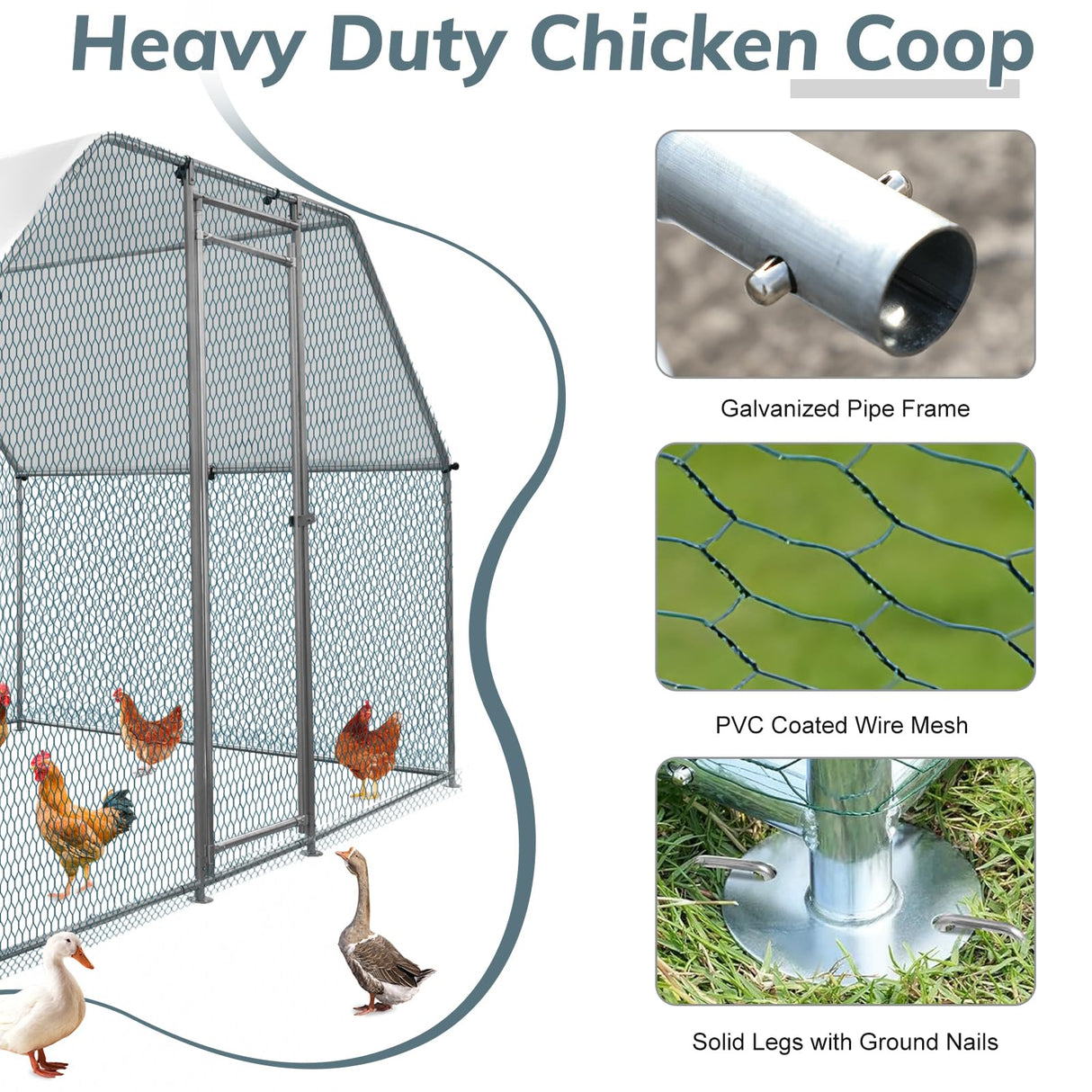 VINGLI Large Chicken Coop, Metal Poultry Cage for Chicken Run, Walk-in Flat-roof Chicken Pen with Waterproof & Anti-UV Cover Outdoor (6.5×9.8×6.5 ft) VINGLI