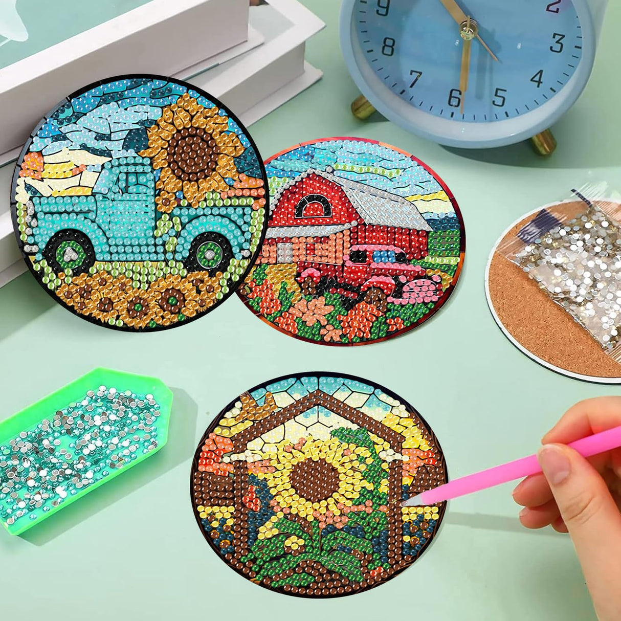 8 Pcs Fall Diamond Art Coasters Kit for Adults - Flowers Painting Set With Holder Cork Pads DIY Sunflower Truck Crafts for Beginners Meothan