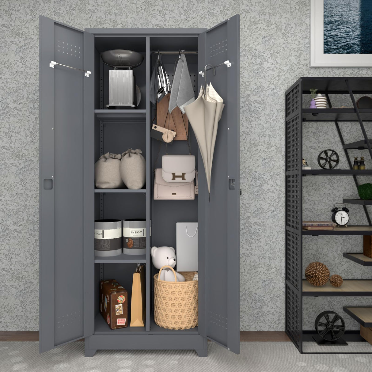 LUCYPAL 65" H Metal Garage Storage Cabinet with Shelves and Lock,Broom Closet Storage Cabinet with Hanging Rods for Mops,Garage Tool Cabinets for Utility Room,Laundry Room,Grey LUCYPAL