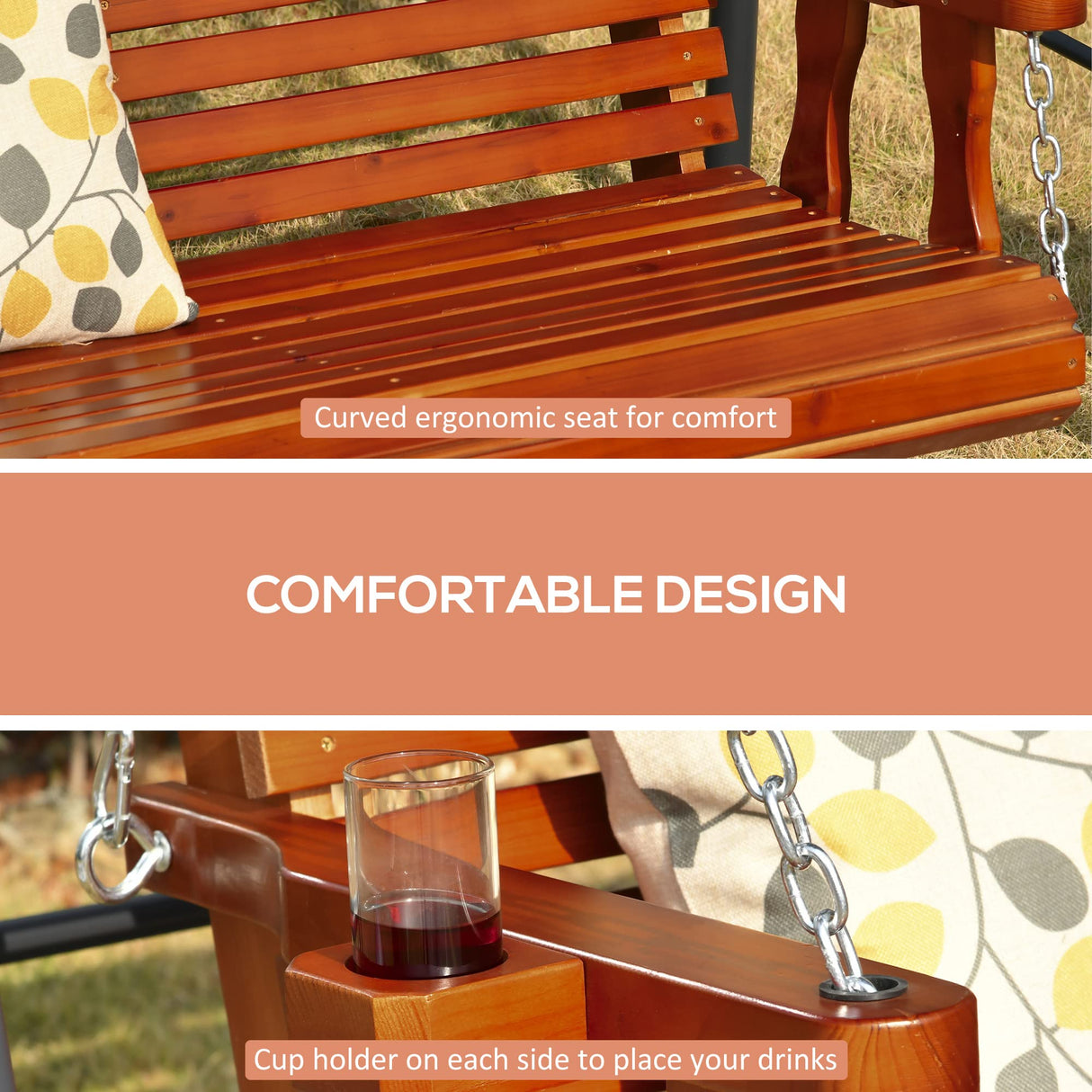 Outsunny Porch Swing with Chains and Cupholders, 2 Person Wooden Patio Swing Chair, 440 lbs. Weight Capacity, for Garden, Poolside, Backyard, Brown Outsunny