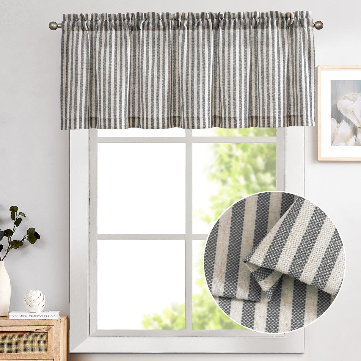 Vangao Kitchen Valance Linen Blend Stripe Short Curtains Farmhouse Country Rustic Pinstripe Tickingstripe Light Filtering Rod Pocket Window Topper Treatments 18 Inch 1 Panel Black on Beige Vangao