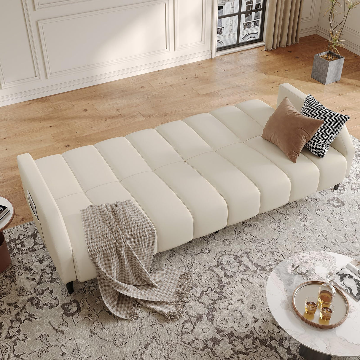 Fadware Faux Leather Couch, Convertible Futon Sofa Bed with Adjustable Backrest, Mid Century Leather Sofa Loveseat with Side Pockets& Metal Leg, Modern Leather Sleeper Sofa for Living Room Bedroom Fadware