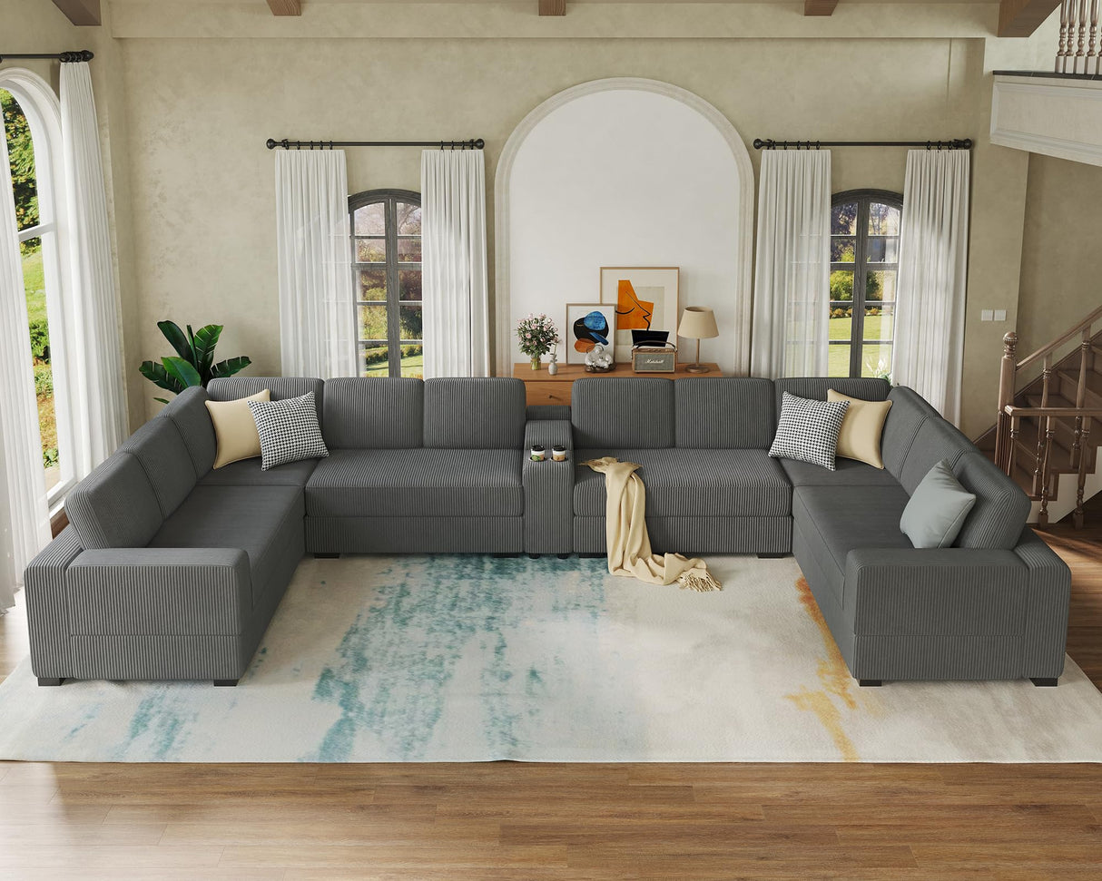 AMERLIFE 172 Inch U Shaped Couch, Modular Sectional Sofa with Storage Console, Oversized Couch with Charging Socket, Grey Comfy Couch AMERLIFE
