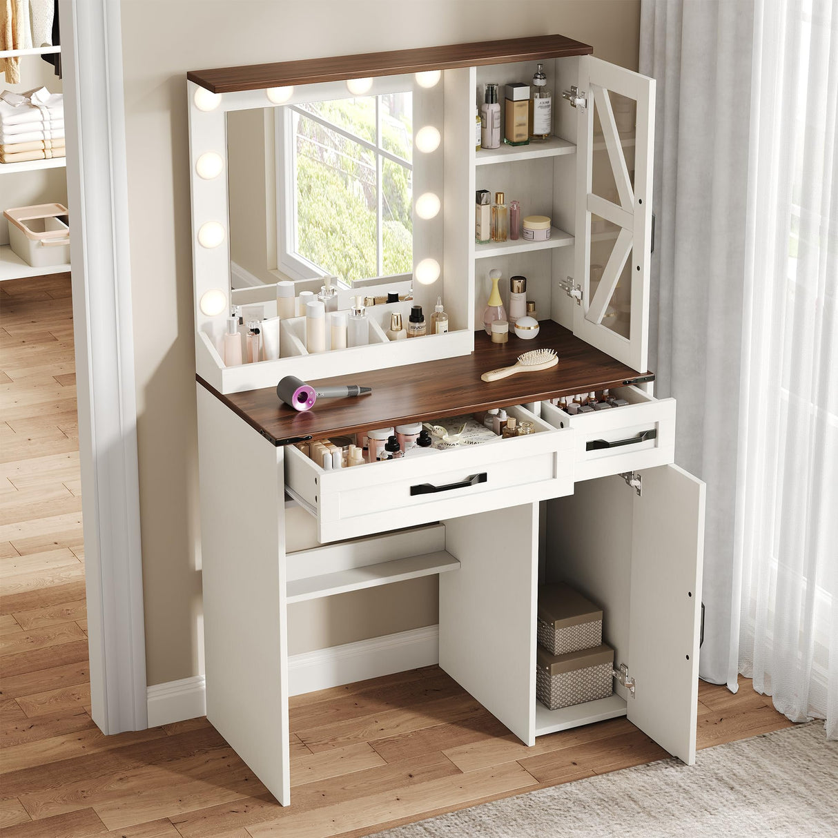 NEDYO Vanity with Mirror and Lights, Farmhouse Vanity Desk, Makeup Vanity Table Set, Small Wood Vanity with Chair, Vintage Large Light Bulbs Dimmable Mirror, Shelves and Drawers. White NEDYO