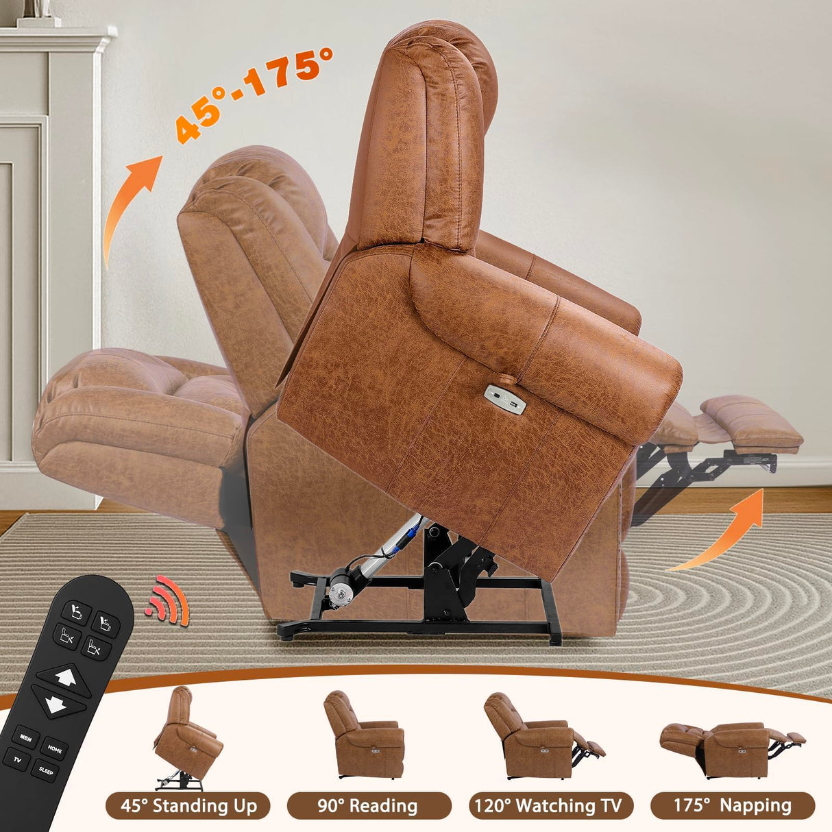 EONIX Classical Large Power Lift Recliner Chair for Elderly with Heat and Massage, Dual Motor Lay Flat Electric Lift Chair Recliner for Adults, Living Room, Bedroom, SLRY005061, Nut Brown EONIX