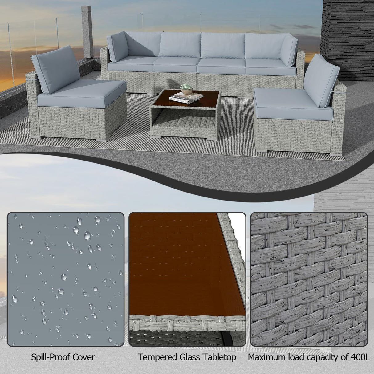 Aug-guan Patio Furniture Set 7-Piece, All-Weather Outdoor Conversation Set Sectional Sofa with Water Resistant Grey Thick Cushions and Coffee Table(Grey) Aug-guan