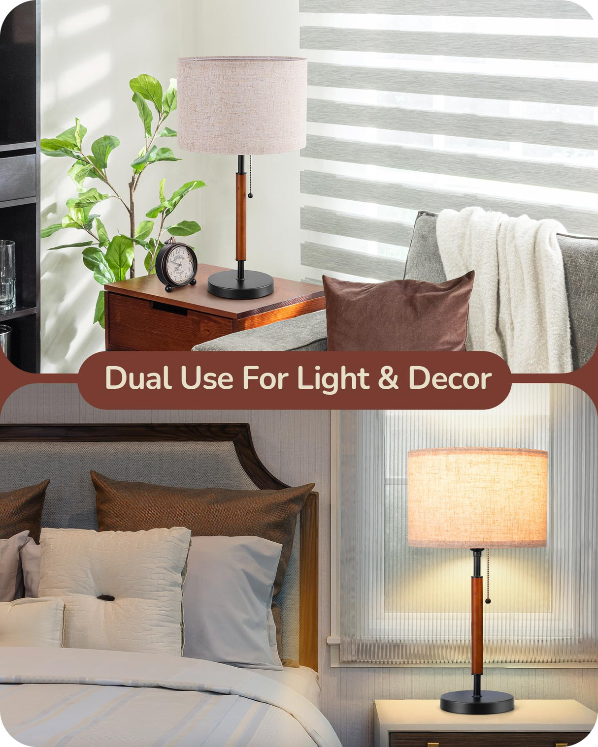 EDISHINE Mid Century Table Lamp, Pull Chain Switch Bedside Lamp with Linen Shade, Solid Wood Pole & Black Metal Base, Modern Nightstand Lamp for Bedroom, Living Room, Office, E26 Base EDISHINE