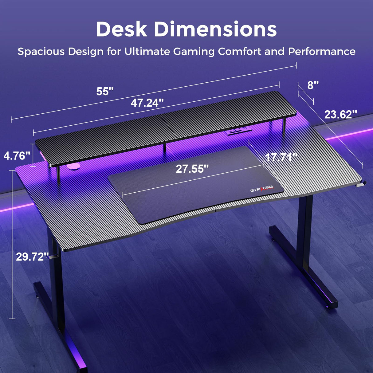 GTRACING Gaming Desk with LED Lights, 55 Inch Large Computer Gamer Desk with Monitor Stand & Power Outlet, Ergonomic Carbon Fiber Surface Gaming Table with Mouse Pad for Home Office, Carbon Black GTRACING
