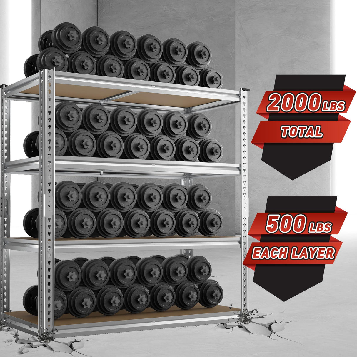 REIBII 40" W Garage Shelving 2000LBS Storage Shelves Adjustable Metal Shelving 4 Tier Pantry Shelves for Garage Closet Kitchen Basement 40" W x 19.7''D x 60''H, Silver REIBII