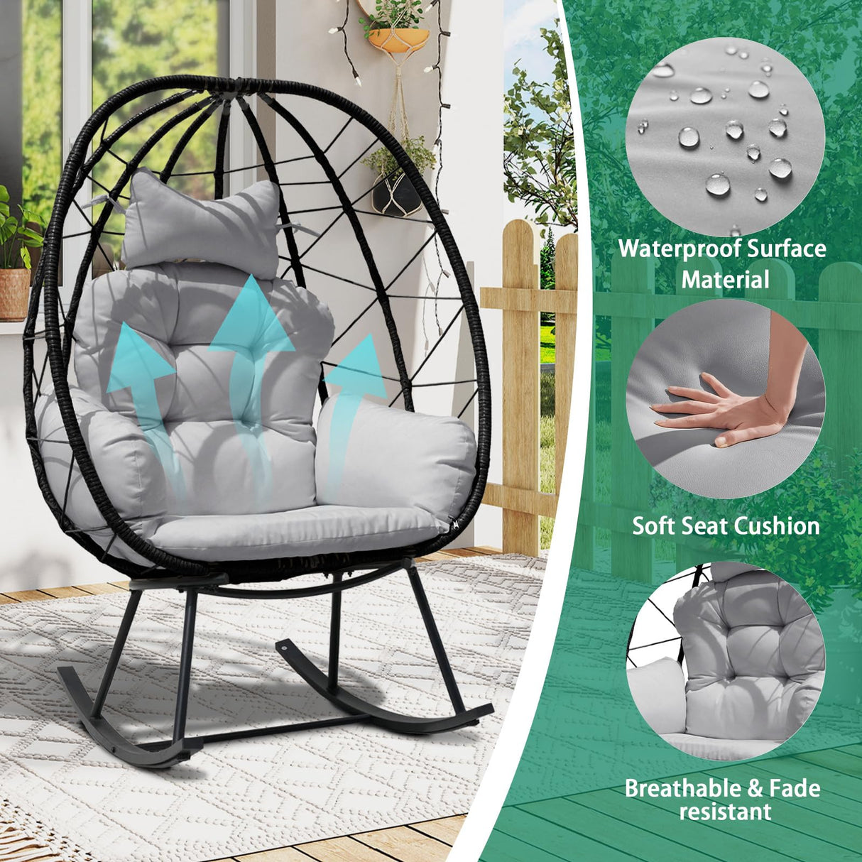 FKSLIFE Wicker Egg Chair Outdoor,Rocking Chair Outdoor with Cushion,330lb Capacity,All-Weather Rattan Patio Egg Chair Lounger for Room,Balcony,Backyard,Garden (Light Grey Cushion) FKSLIFE