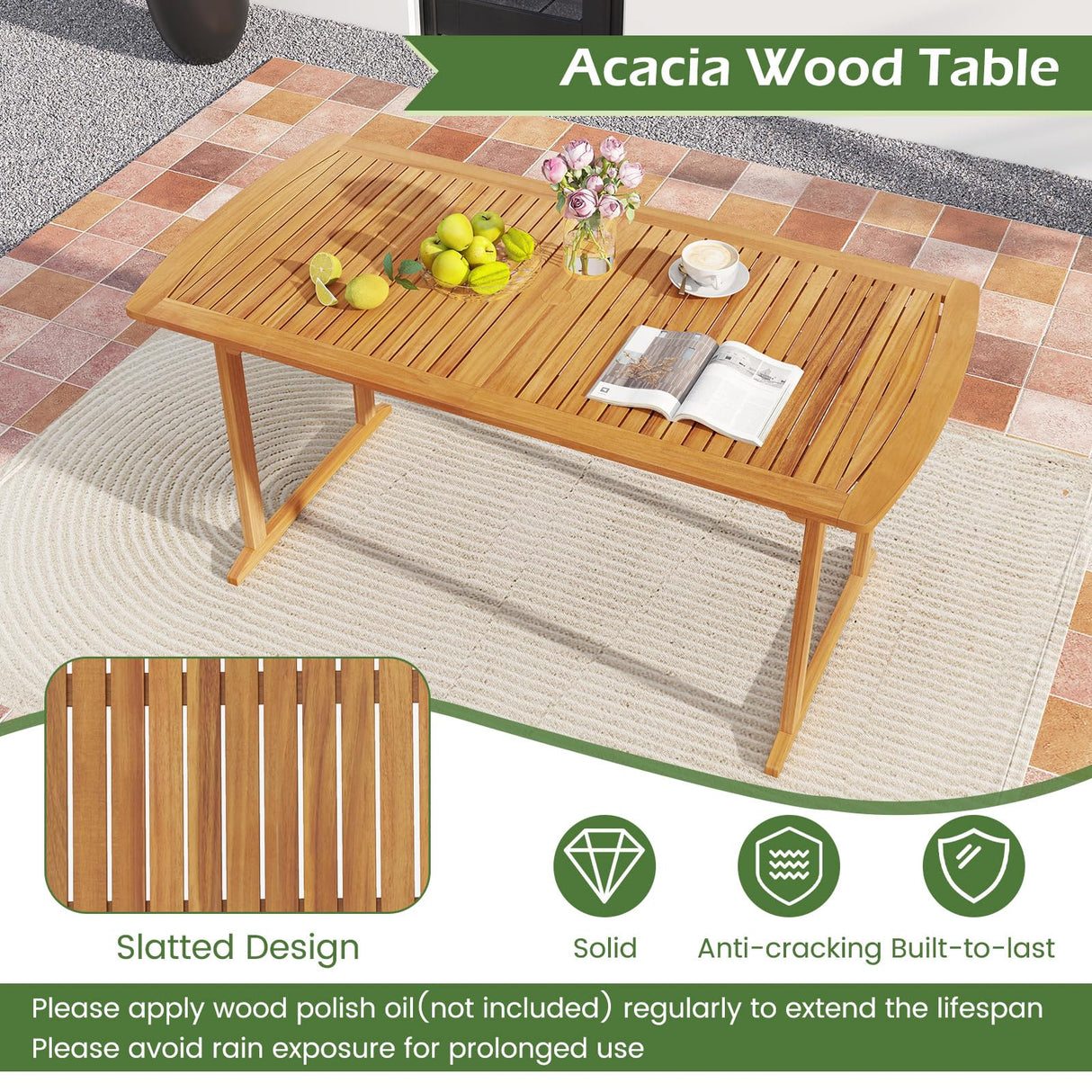 Tangkula 7 Piece Patio Acacia Wood Dining Set for 6, Patio Rectangle Table with Umbrella Hole & 6 Cushioned Armchairs, for Backyard Garden Poolside Deck, Natural Tangkula