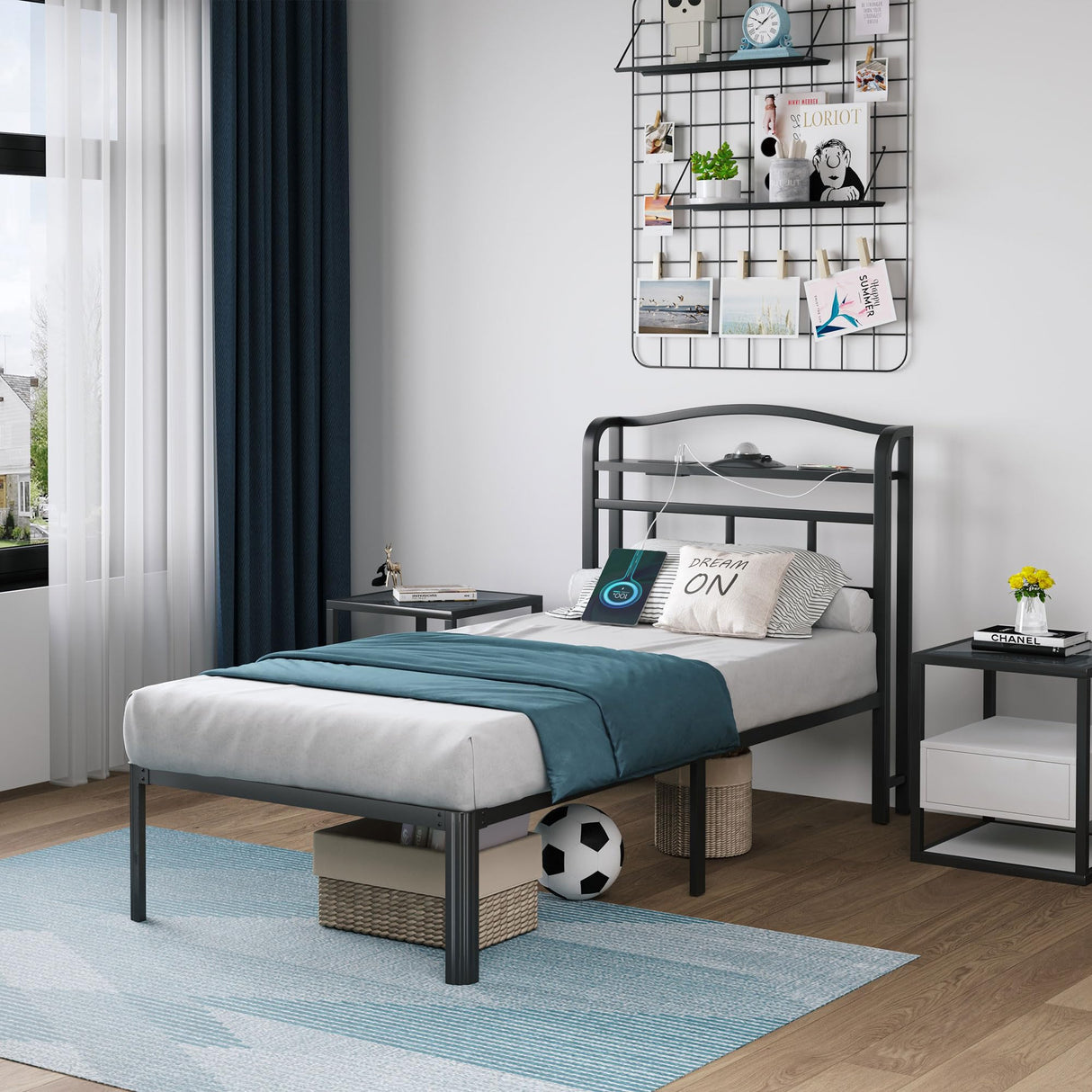 SHOANED Twin Size Metal Bed Frame - 14 Inch Heavy Duty Bedframe with Headboard & Charging Station Basic Steel Slats Platform with Galaxy Aurora Projector No Box Spring Needed, Noise-Free SHOANED