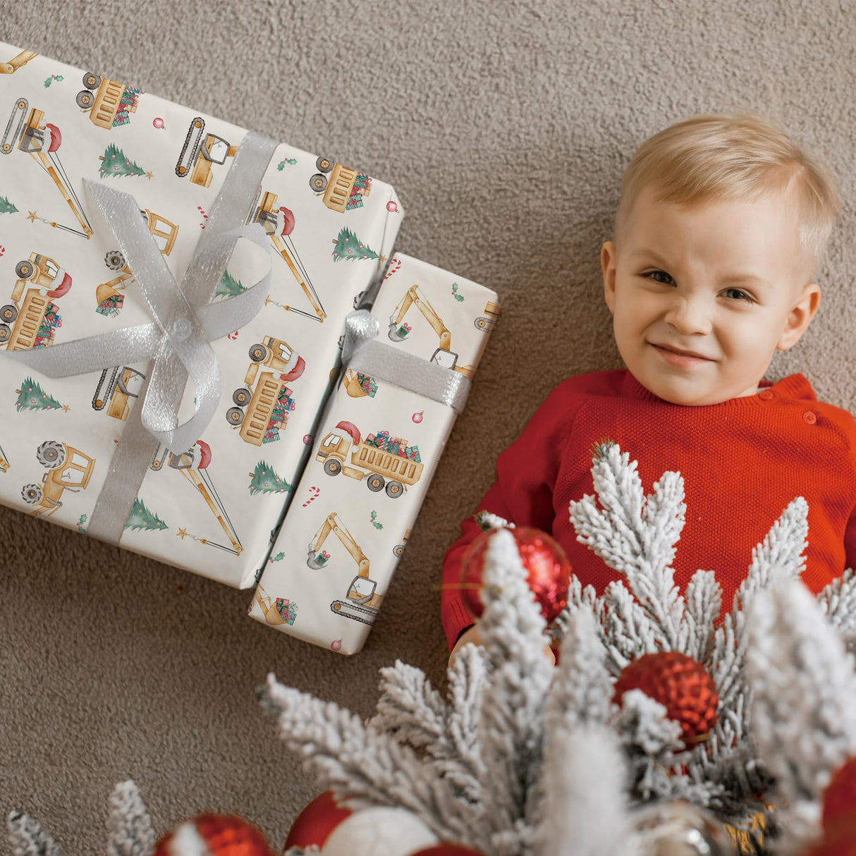 SaringSwoon Construction Christmas Wrapping Paper for Kids - Holiday Wrapping Paper with Dump Trucks, Cranes, Excavators with Santa Hats & Gifts, Christmas Tree - 40×28 Inches, 4 Folded Sheets SaringSwoon