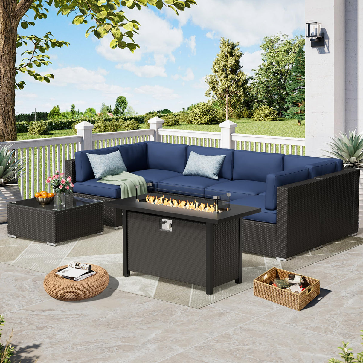 Betterland 8 Piece Outdoor Sectional Sofa Set with Fire Pit Table, Patio Furniture Set, All-Weather PE Black Wicker Patio Conversation Set with Washable Cushion and Glass Table(Dark Blue Cushions) Betterland