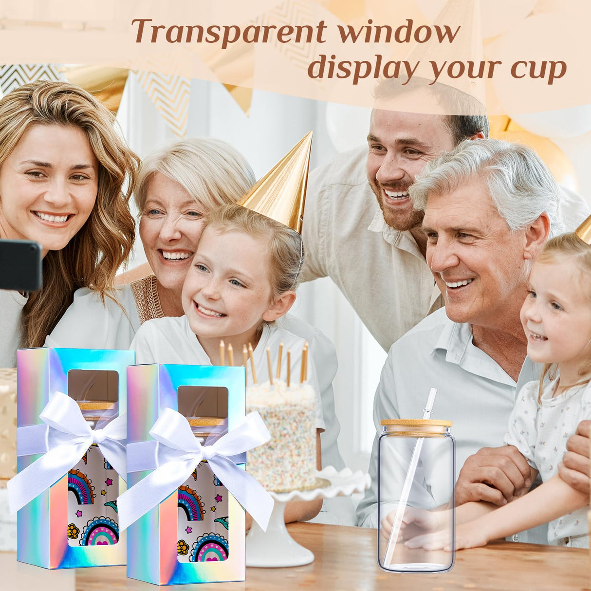 FillTouch 60 Pcs Gift Boxes with Ribbon for Sublimation Glass Exhibition Boxes Transparent Gift Box for 12oz 16oz 20oz Drinking Glasses Jar Sublimation Glass Can Blank Tumbler Gift Box (Laser Color) FillTouch